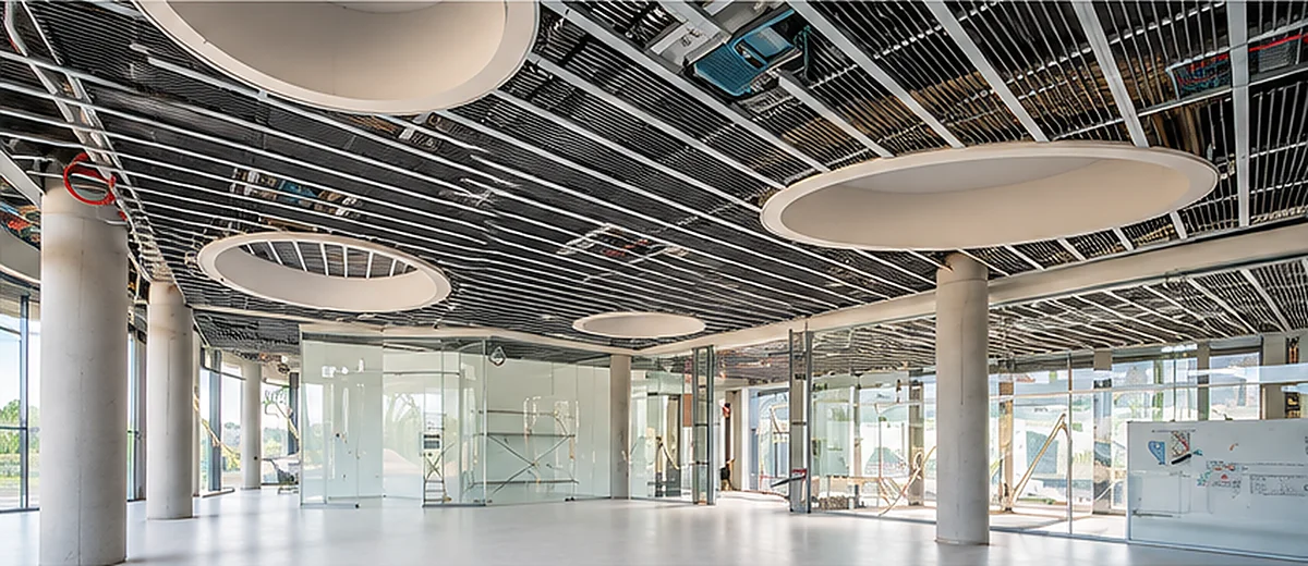 Interior en fase de instalación, techo técnico y paneles radiantes